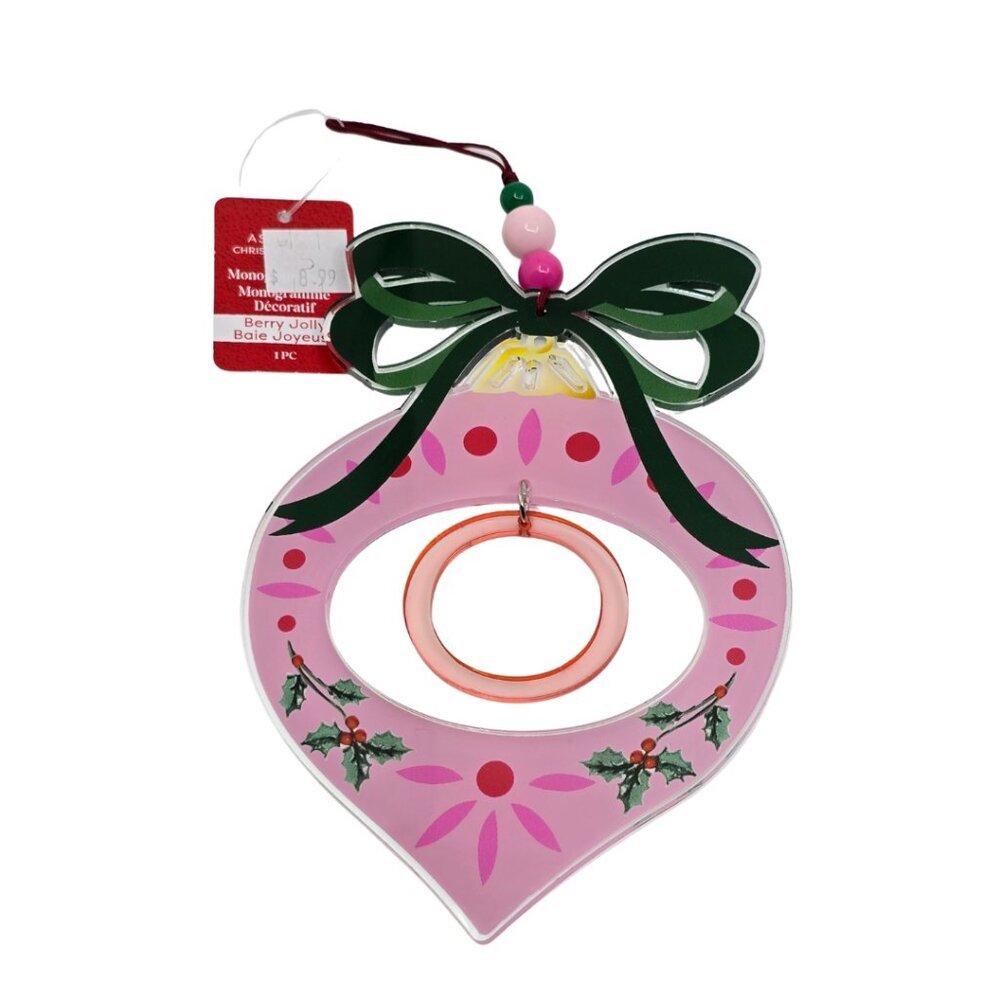 Ashland 7" Acrylic Monogram "O" Ornament Red, Green & Pink NEW